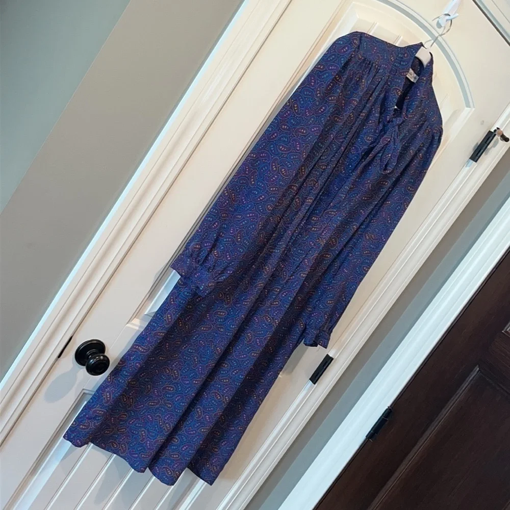 Vintage purple Paisley midi/maxi long sleeve button dress with tie sz L 12 boho